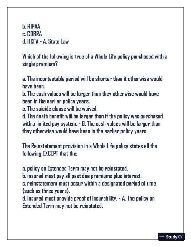 2024 Indiana Life Insurance Practice Exam with Answers (75 Solved Questions) - Page 8 preview image