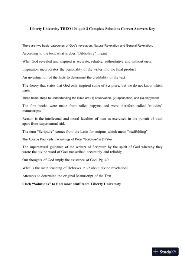 Liberty University THEO 104 Quiz 2 Complete Solutions Correct Answers Key - Page 1 preview image