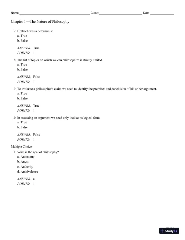 Test Bank For Philosophy: A Text with Readings, 13th Edition - Page 3 preview image