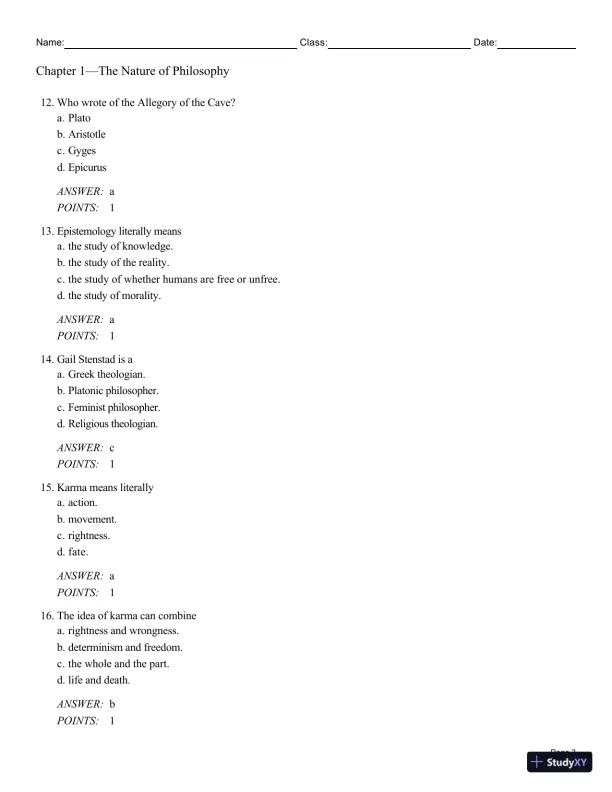 Test Bank For Philosophy: A Text with Readings, 13th Edition - Page 4 preview image