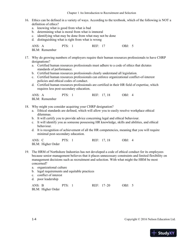 Recruitment and Selection in Canada 6th Edition Test Bank - Page 5 preview image