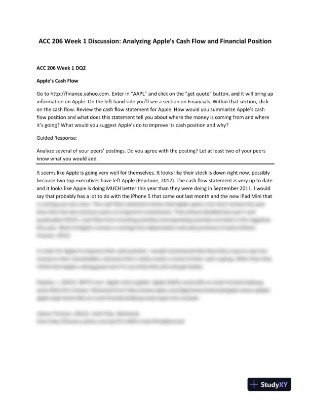 ACC 206 Week 1 Discussion: Analyzing Apple�s Cash Flow and Financial Position - Page 1 preview image