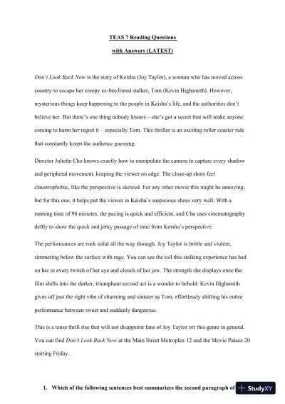 TEAS 7 Reading Practice Exam with Answers (26 Solved Questions) - Page 1 preview image