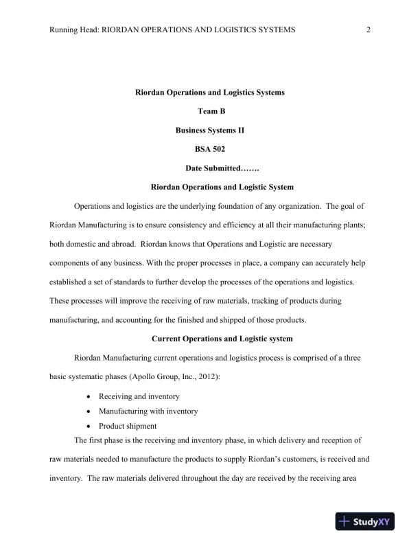 BSA 502 Enhancing Operations and Logistics Systems at Riordan Manufacturing - Page 3 preview image