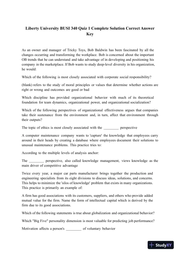 Liberty University BUSI 340 Quiz 1 Complete Solution Correct Answer Key - Page 1 preview image