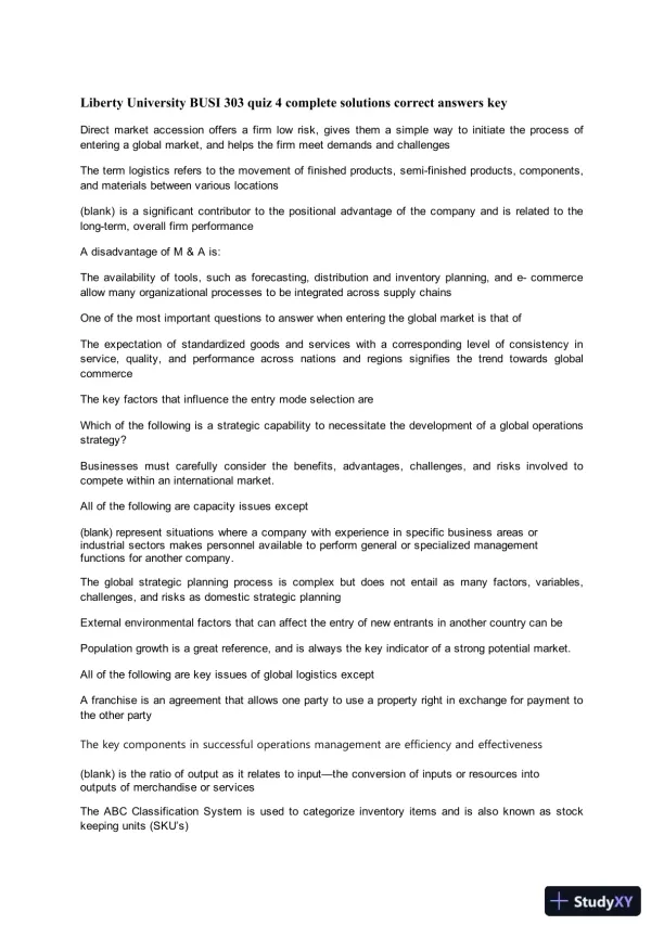 Liberty University BUSI 303 Quiz 4 Complete Solutions Correct Answers Key - Page 1 preview image