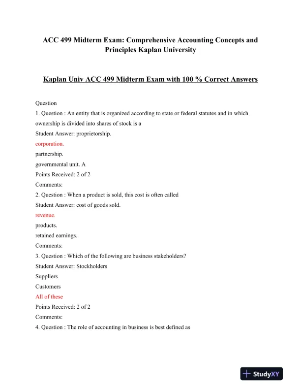ACC 499 Midterm Exam: Comprehensive Accounting Concepts and Principles Kaplan University - Page 1 preview image