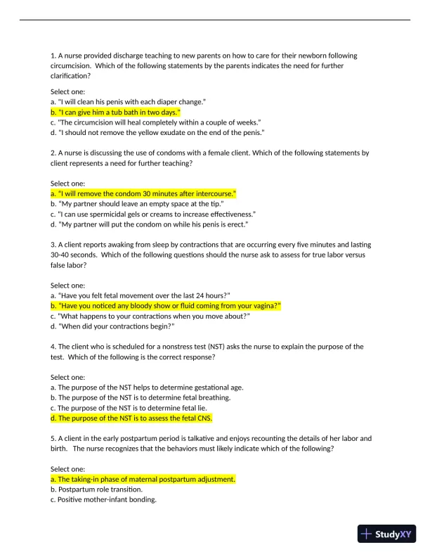 Maternal Newborn Health Promotion and Maintenance Practice Exam with Answers (30 Solved Questions) - Page 1 preview image