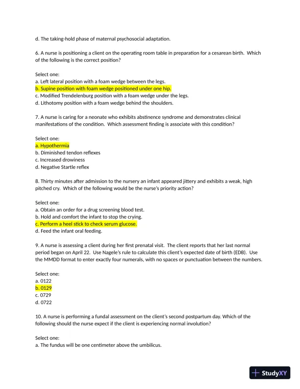 Maternal Newborn Health Promotion and Maintenance Practice Exam with Answers (30 Solved Questions) - Page 3 preview image