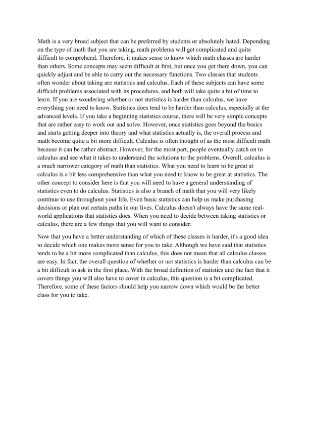 Comparing the Difficulty of Statistics and Calculu - Page 1 preview image