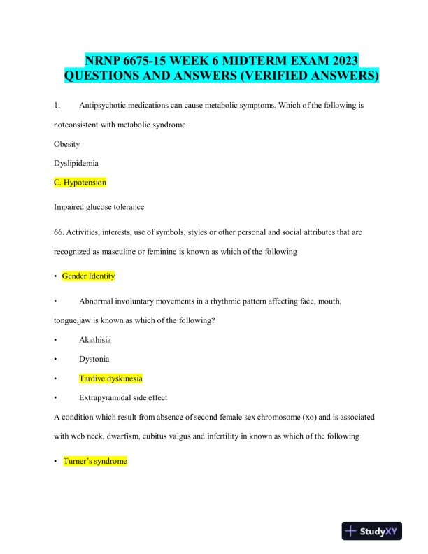 2023 NRNP6675 Mental Health Midterm Exam Week 6 With Answers (114 Solved Questions) - Page 1 preview image