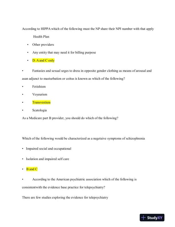2023 NRNP6675 Mental Health Midterm Exam Week 6 With Answers (114 Solved Questions) - Page 6 preview image