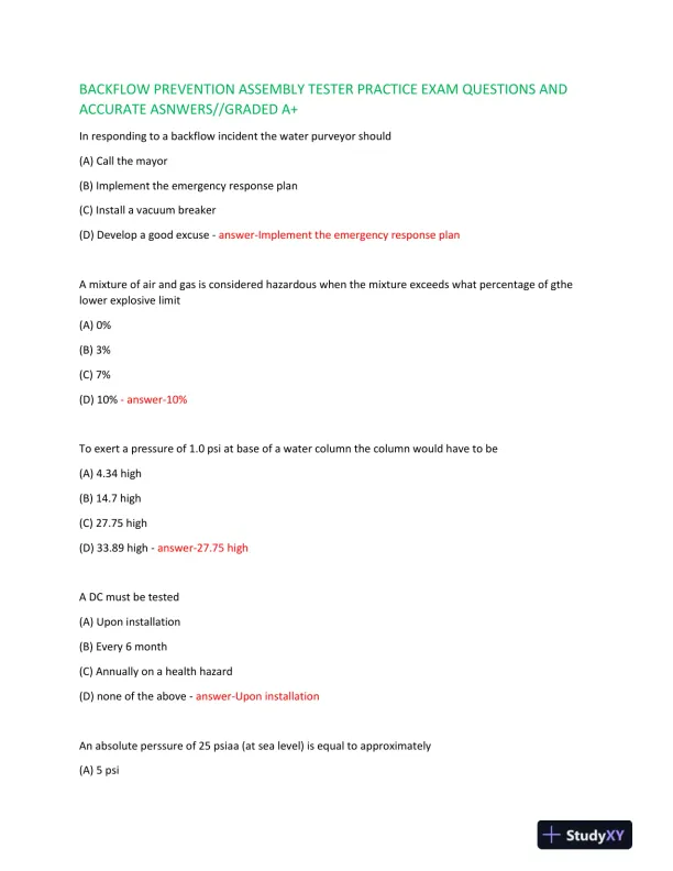 Backflow Prevention Practice Exam With Answers (100 Solved Questions) - Page 1 preview image