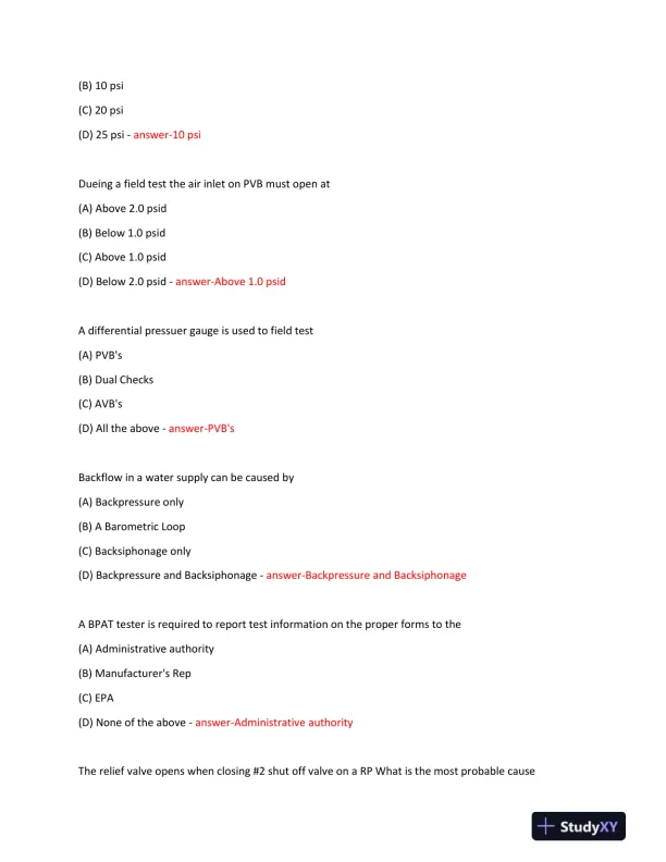 Backflow Prevention Practice Exam With Answers (100 Solved Questions) - Page 3 preview image