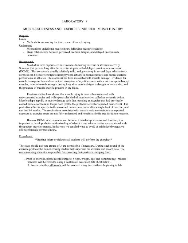 Laboratory 8 Muscle Soreness Lab Manual - Page 1 preview image