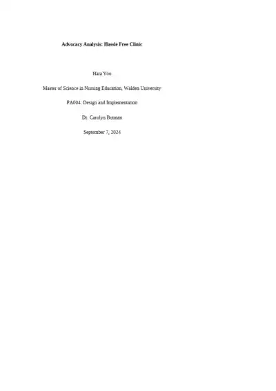 Advocacy Analysis Hassle Free Clinic - Page 1 preview image