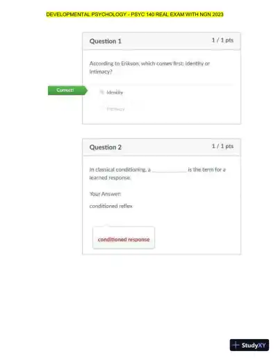 2023 PSYC 140 Developmental Psychology - NGN Real Exam with Answers (16 Solved Questions) - Page 1 preview image