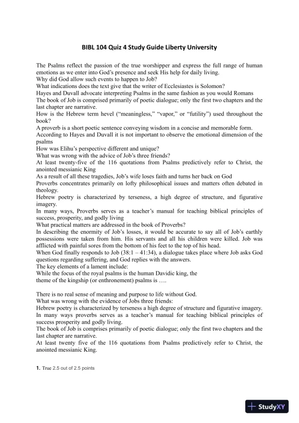 BIBL 104 Quiz 4 Study Guide Liberty University - Page 1 preview image