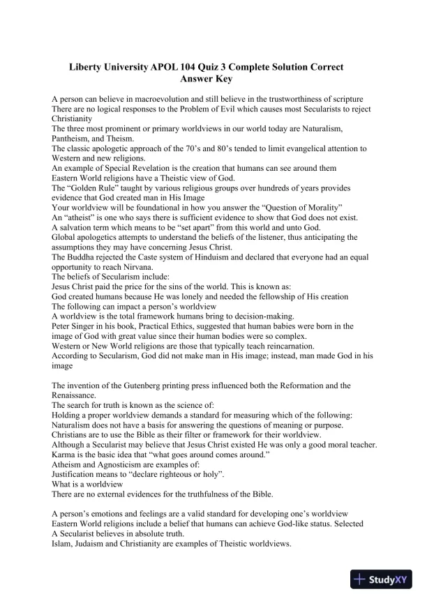 Liberty University APOL 104 Quiz 3 Complete Solution Correct Answer Key - Page 1 preview image
