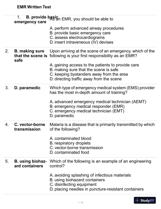 EMR Written Test Practice Exam with Answers (100 Solved Questions) - Page 1 preview image