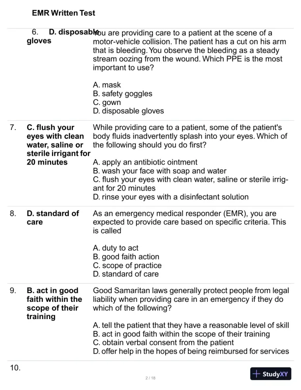 EMR Written Test Practice Exam with Answers (100 Solved Questions) - Page 3 preview image