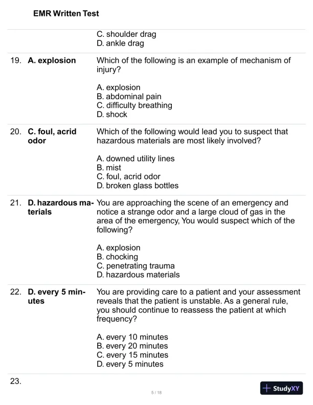 EMR Written Test Practice Exam with Answers (100 Solved Questions) - Page 6 preview image