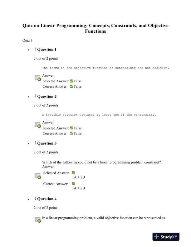 Quiz on Linear Programming: Concepts, Constraints, and Objective Functions - Page 1 preview image