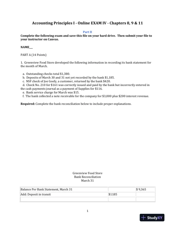 Accounting Principles I - Online Exam IV - Chapters 8, 9 and 11 - Page 1 preview image