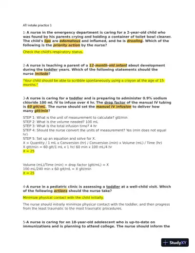 ATI Pediatric Retake Practice Exam with Answers (40 Solved Questions) - Page 1 preview image