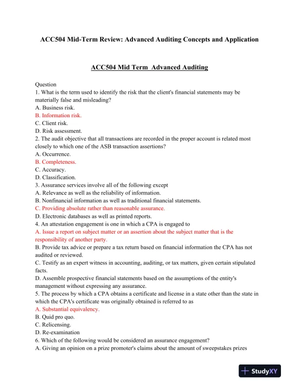 ACC504 Mid-Term Review: Advanced Auditing Concepts and Application - Page 1 preview image