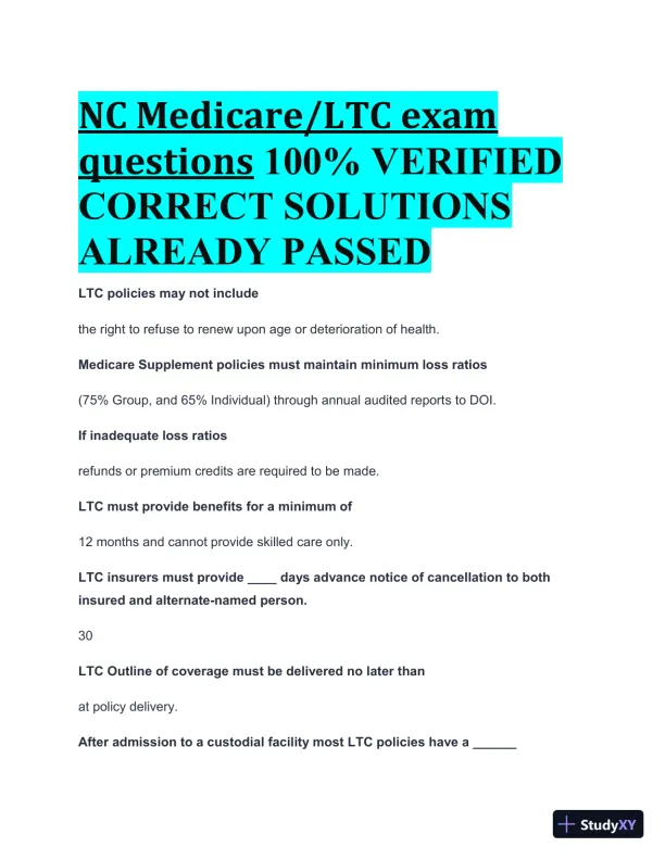 NC Medicare/LTC Practice Exam with Answers (100 Solved Questions) - Page 1 preview image
