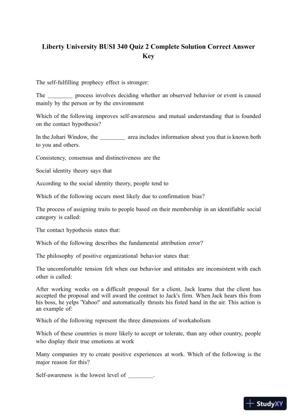 Liberty University BUSI 340 Quiz 2 Complete Solution Correct Answer Key - Page 1 preview image
