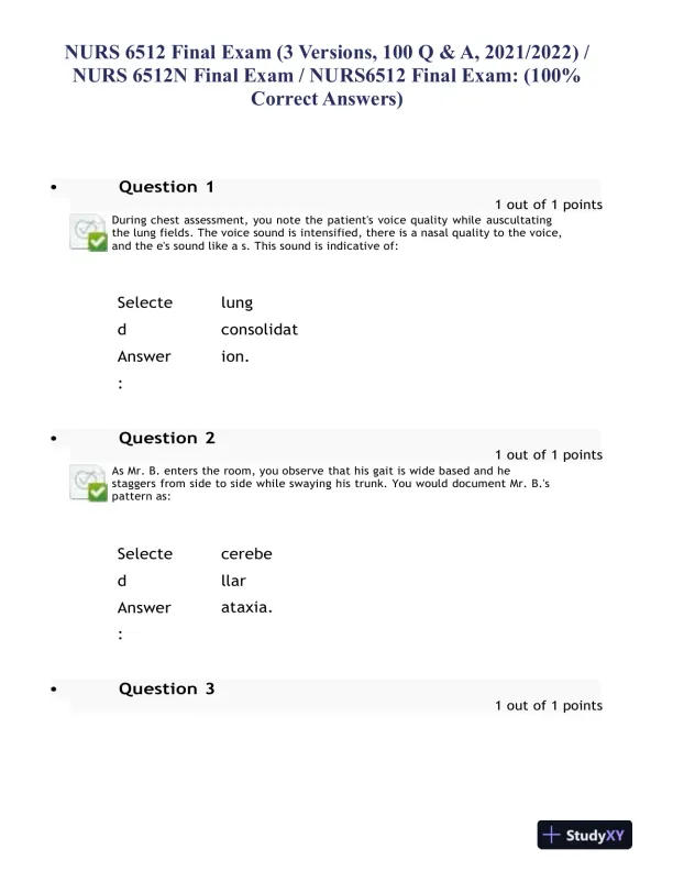 2021-2022 NURS6512 Nursing Diagnosis Final Exam With Answers (100 Solved Questions) - Page 1 preview image