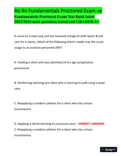 2023-2024 ATI RN Fundamentals Proctored Exam with Answers (100 Solved Questions) - Page 1 preview image