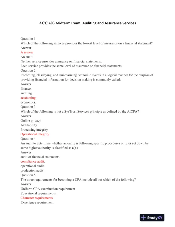 ACC 403 Midterm Exam: Auditing and Assurance Services - Page 1 preview image