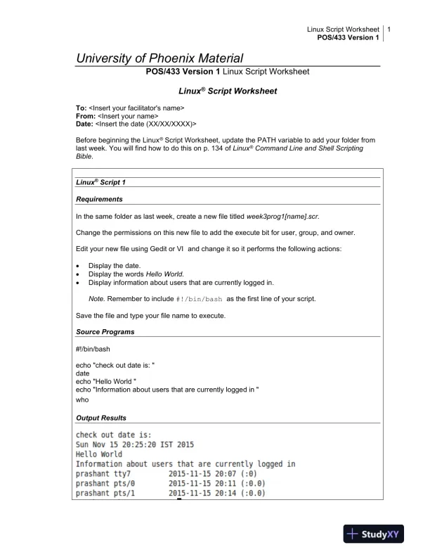 POS/433 Version 1 Linux Script Worksheet - University of Phoenix Material - Page 1 preview image