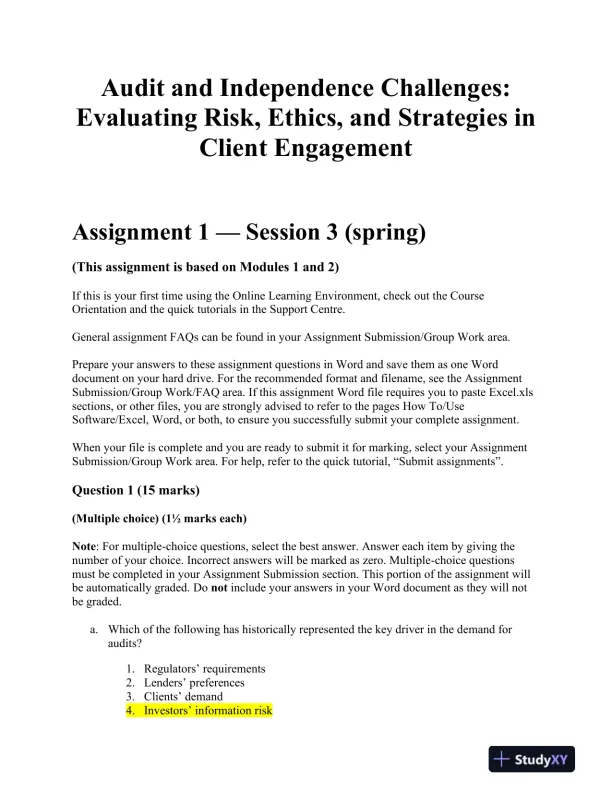 Audit and Independence Challenges: Evaluating Risk, Ethics, and Strategies in Client Engagement - Page 1 preview image