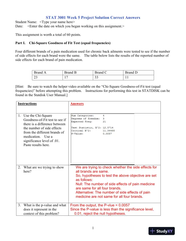 STAT 3001 Week 5 Project Solution Correct Answers - Page 1 preview image