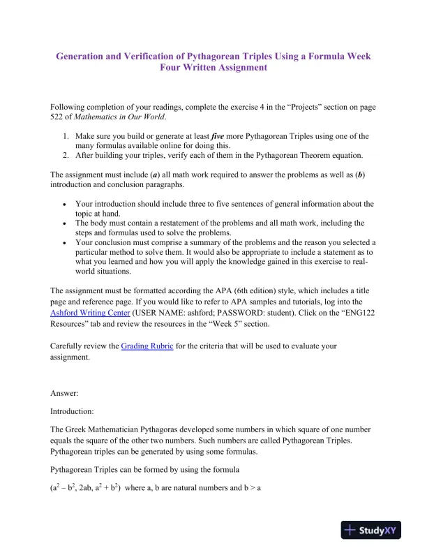 Generation and Verification of Pythagorean Triples Using a Formula Week Four Written Assignment - Page 1 preview image