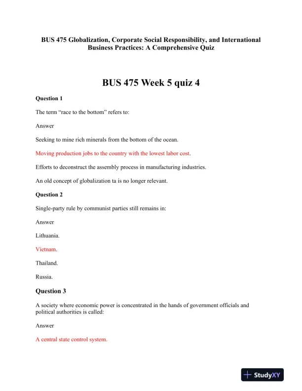 BUS 475 Globalization, Corporate Social Responsibility, and International Business Practices: A Comprehensive Quiz - Page 1 preview image