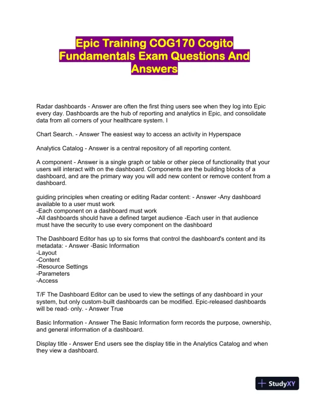 COG170 Cogito Epic Training Fundamentals Practice Exam with Answers (220 Solved Questions) - Page 1 preview image