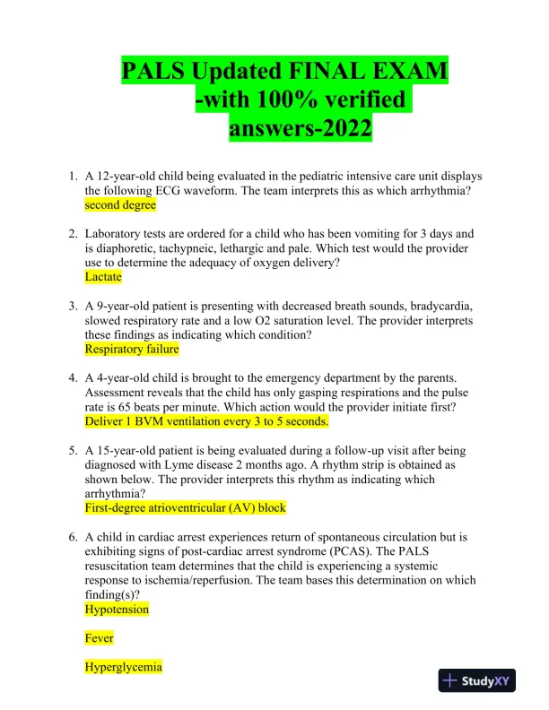 2022 PALS Paediatrics Final Exam With Answers (50 Solved Questions) - Page 1 preview image