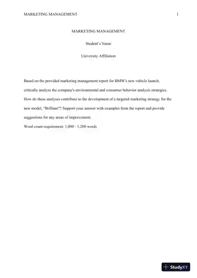 Marketing Management: Critical Analysis of BMW's Environmental and Consumer Behavior Strategies for the Launch of the 'Brilliant' Model - Page 1 preview image