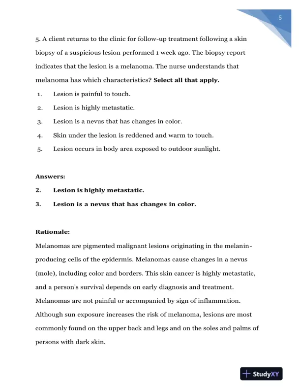 2020 NURS618 Saunders Medical Surgical Skin Integumentary Revised Question With Answers (115 Solved Questions) - Page 6 preview image