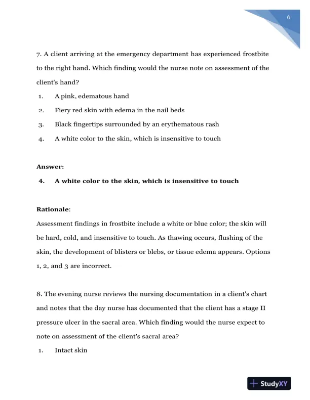 2020 NURS618 Saunders Medical Surgical Skin Integumentary Revised Question With Answers (115 Solved Questions) - Page 7 preview image