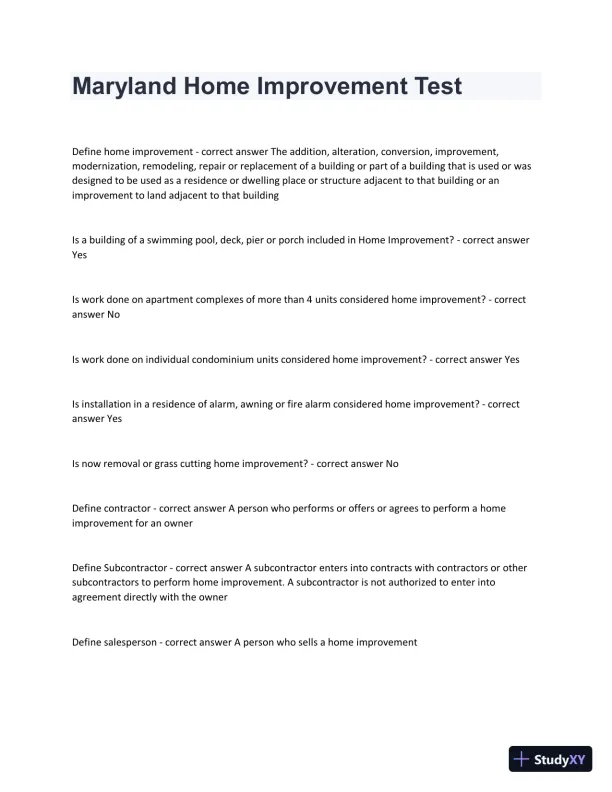 Maryland Home Improvement Practice Exam with Answers (194 Solved Questions) - Page 1 preview image