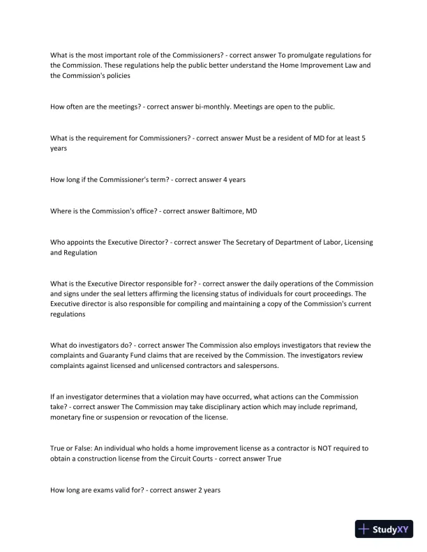 Maryland Home Improvement Practice Exam with Answers (194 Solved Questions) - Page 4 preview image