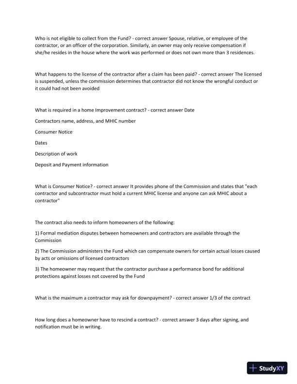 Maryland Home Improvement Practice Exam with Answers (194 Solved Questions) - Page 6 preview image