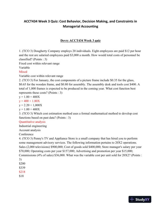 ACCT434 Week 3 Quiz: Cost Behavior, Decision Making, and Constraints in Managerial Accounting - Page 1 preview image