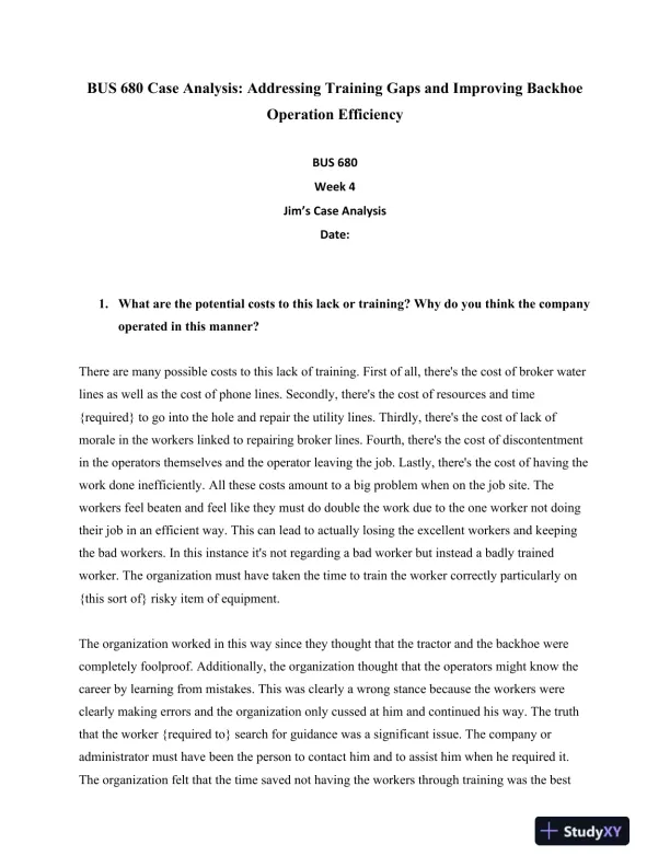BUS 680 Case Analysis: Addressing Training Gaps and Improving Backhoe Operation Efficiency - Page 1 preview image